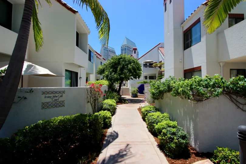 The side walk view of the park row apartments complex located in Downtown San Diego CA