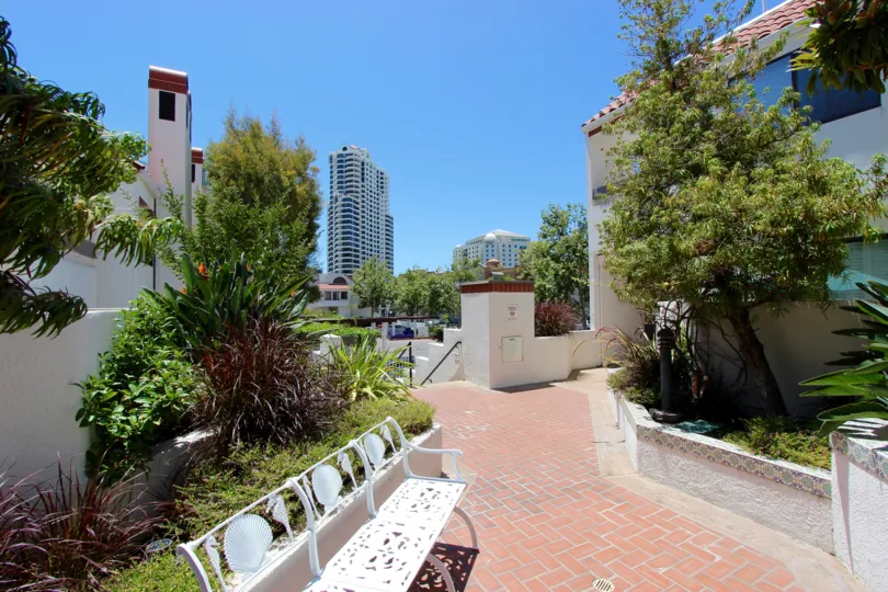 In the Park Row area in Downtown San Diego, CA a walkway has views of the city.