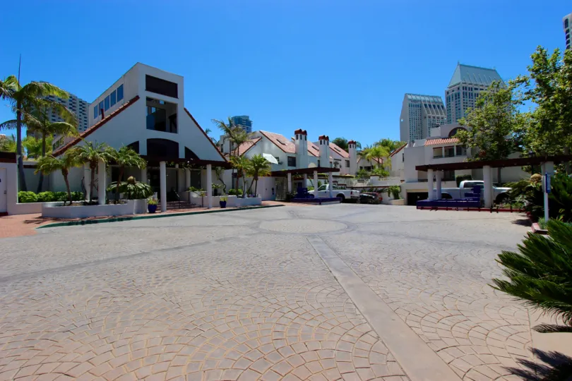 A large plaza sits in front of the entrance to Park Row.