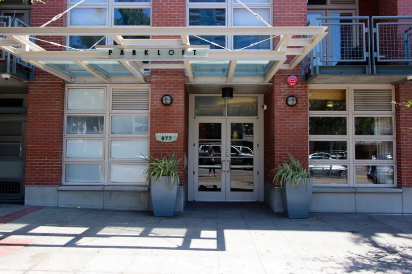 Covered street level entryway to Parkloft in downtown San Diego, California