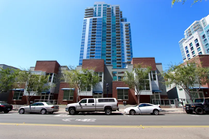 Outside view of entrance and parking in Parkloft Downtown San Diego California