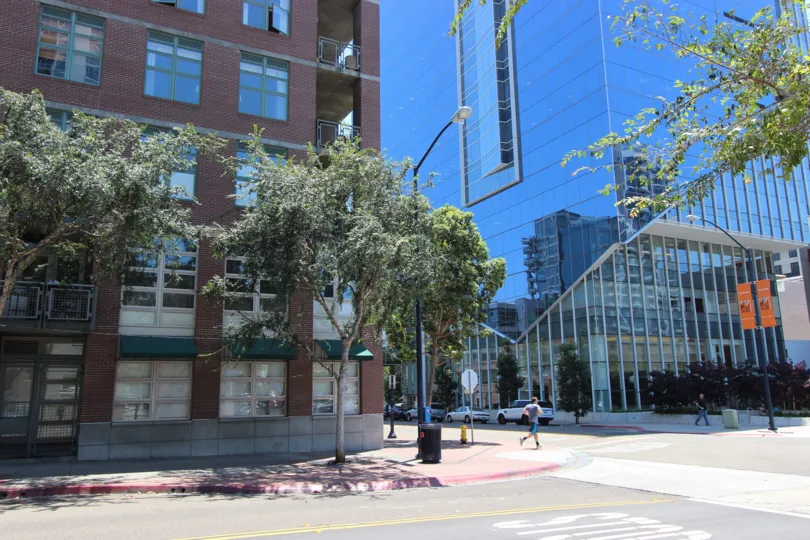 The beauty of this building is accentuated by some trees growing on the sidewalk