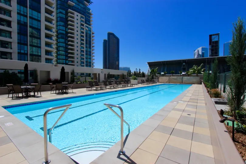 A sunny day by the gorgeous lap pool at the Pinnacle in Downtown San Diego California.