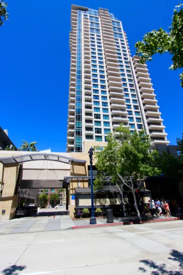 Beautiful clear day overlook the large patios and windows of the Pinnacle.