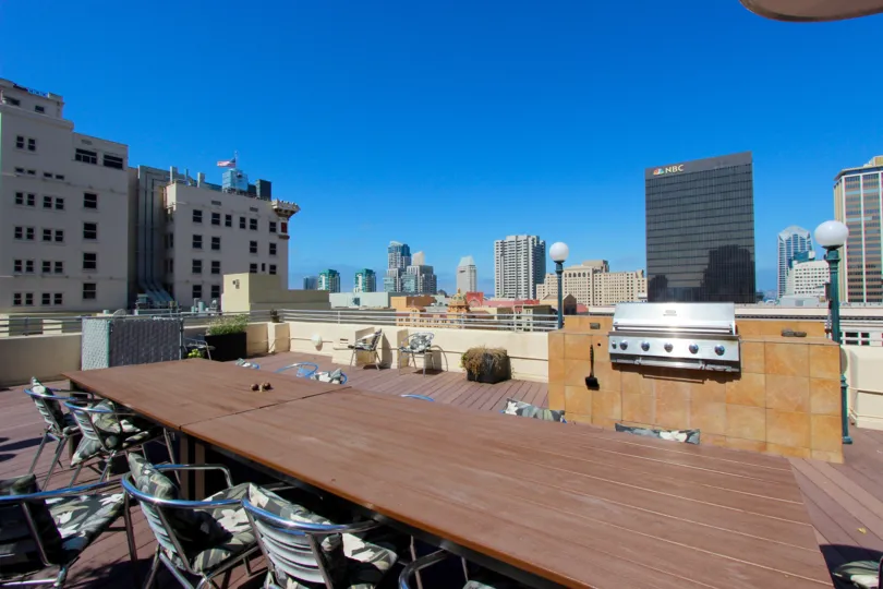 The tables on chairs on the roof of Samuel Fox Lofts