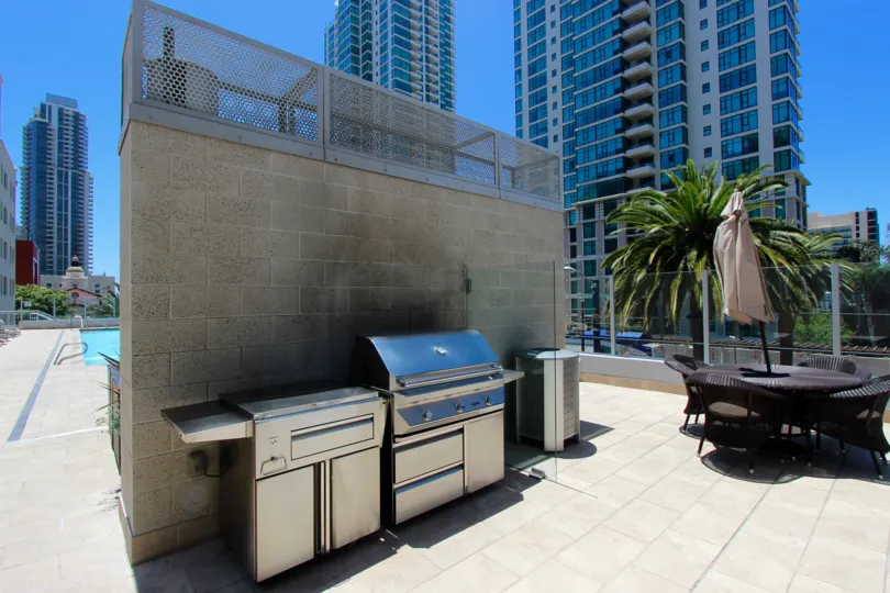 BBQ on a roof top patio at Sapphire Tower in Downtown San Diego California