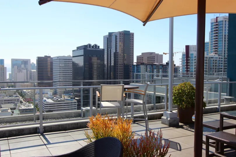 Spiky yellow and green plants sit on a rooftop terrace at the Smart Corner condos