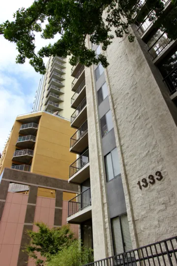 A sunny day in the area of Symphony Terrace, outside, tree, high rise, balconies, windows