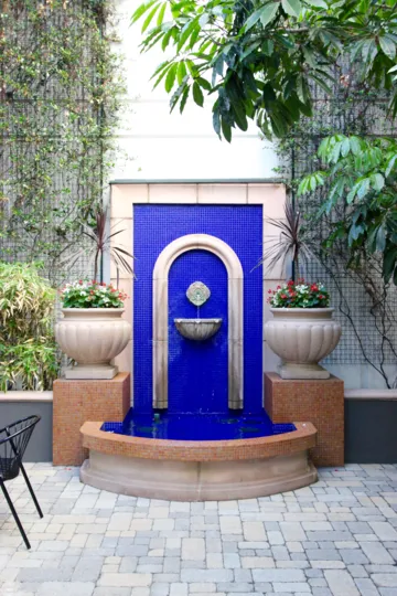 Beautiful tile fountain graces the outdoor common space at The Legend.