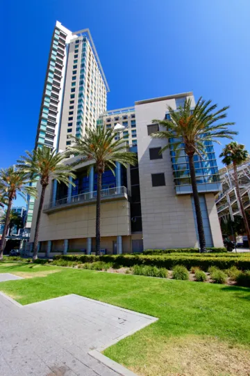 This tower stands high above the palm trees in San Diego, California