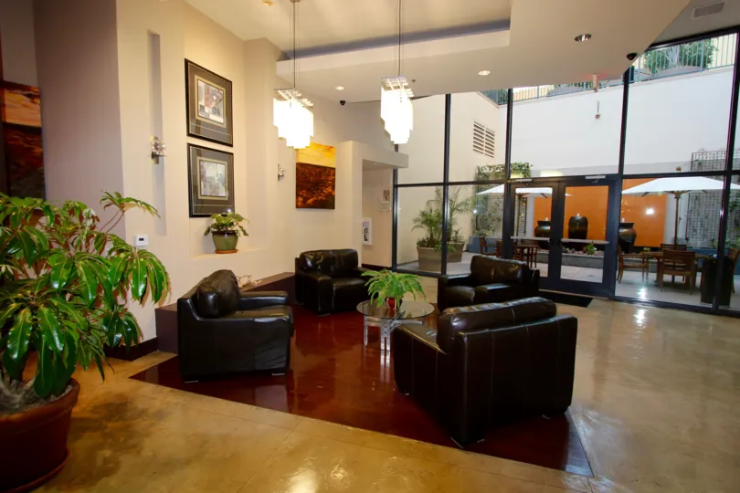 A lounge and eat in lobby located the Trellis building in Downtown San Diego in CA