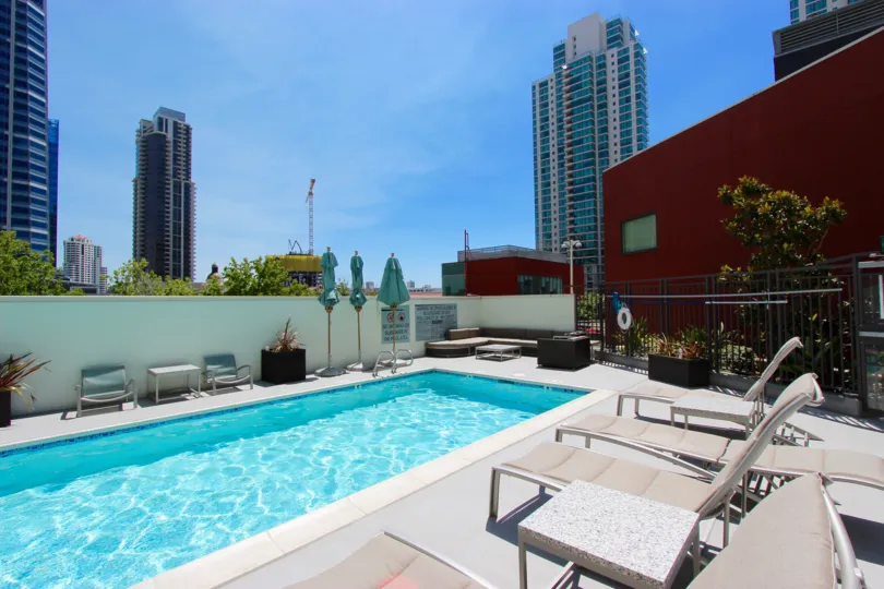A great day at the pool with view of the surrounding city at TREO.