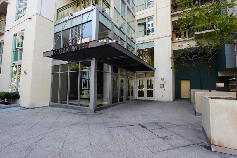 The plaza in front of the entrance of TREO in downtown San Diego, CA
