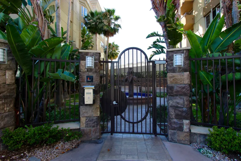 Gate view to a courtyard in a Union Square area in California.