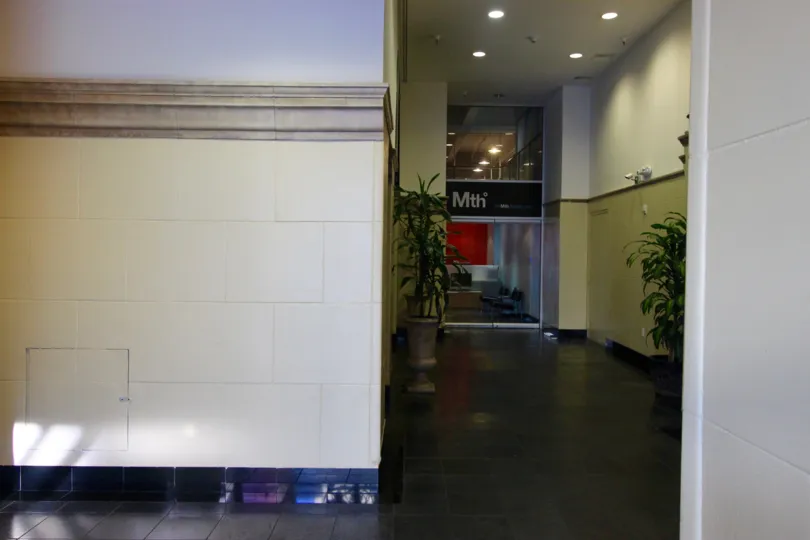 A sunny day in the area of Union Square, lobby, inside, entrance, potted plants, lights