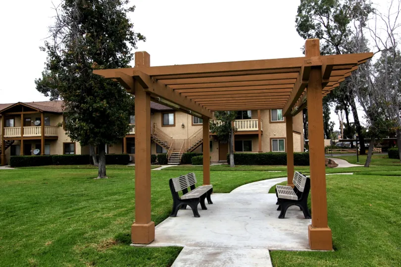 PIcnic area with two benches at Alder Woods in El Cajon California