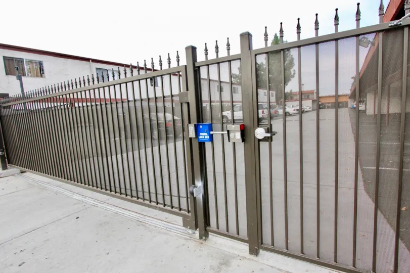 Black iron security gate at Cherrywood Park in El Cajon California