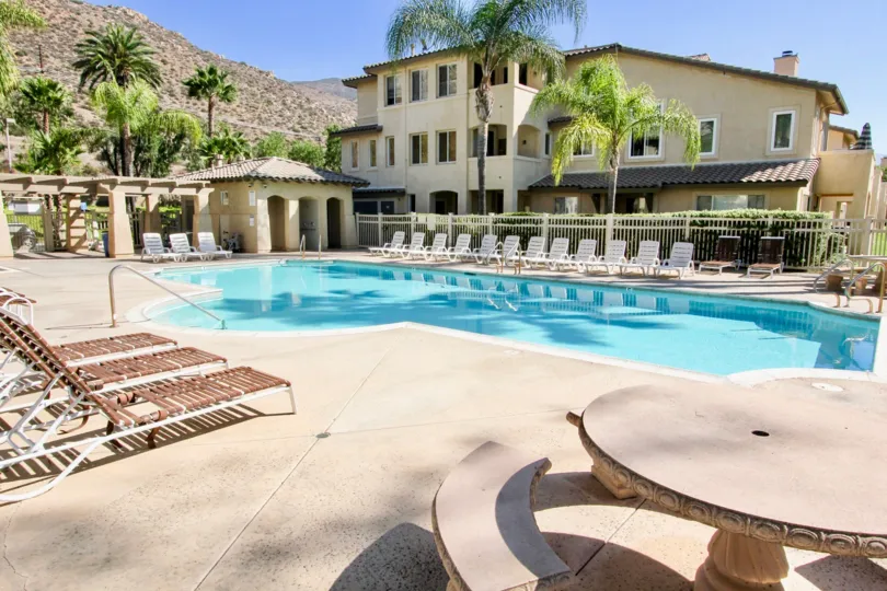 sunny, swimming, pool, mansion, house, chairs, palm trees, mountains, clear, blue