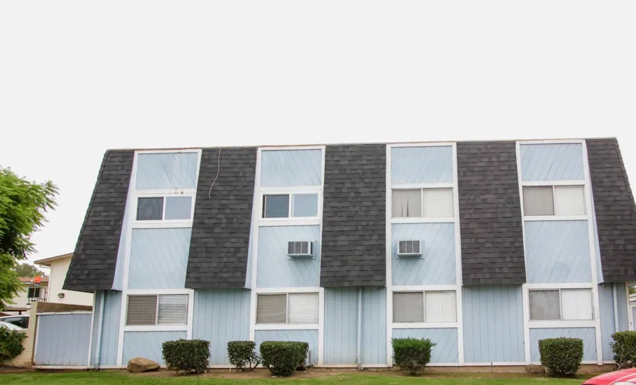 A blue slatted residence in the Naranca Manor community of El Cajon, CA
