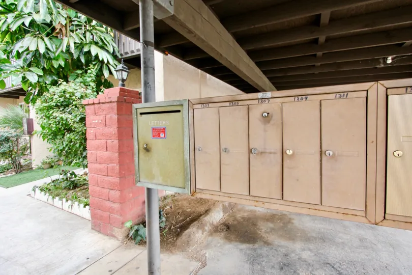 Mailboxes for apartments in Oakdale Park near parking area