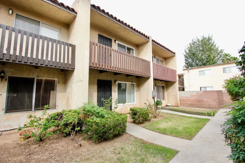 A back walkway for the Oakdale Park apartments in California