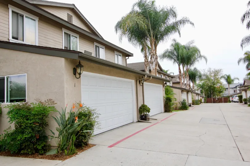 Garage view of the Persimmon Place Community homes in El Cajon, California.