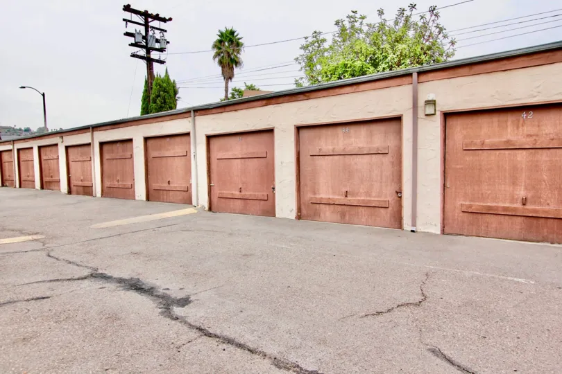 A photograph of a row of garages in Scranton Palisades - El Cajon California
