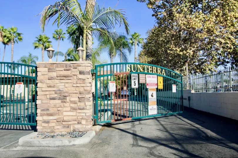A sunny day in the gated community of Sunterra palm trees and gates