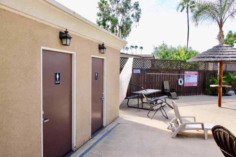 The poolside bathroom on a nice sunny day at The Willows Community in El Cajon, California