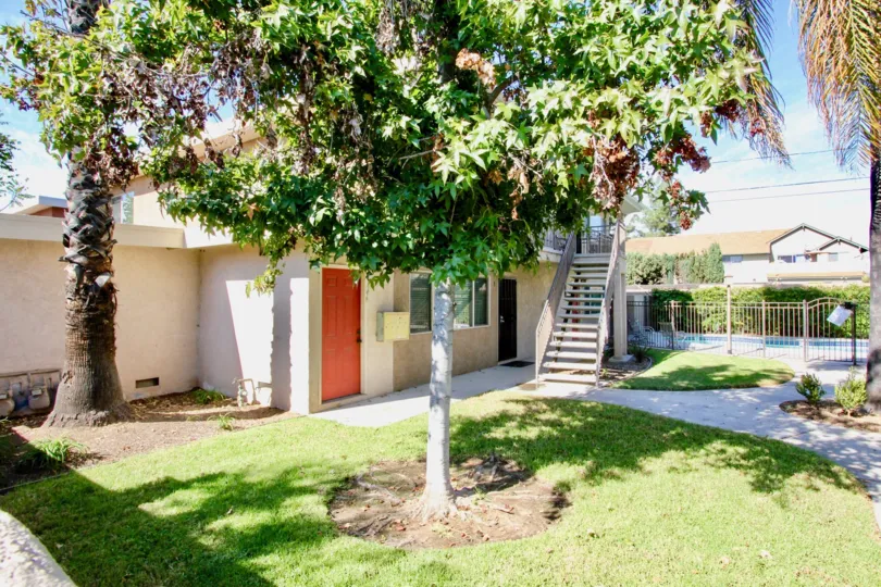 The backyard of an apartment with a tree and staircase