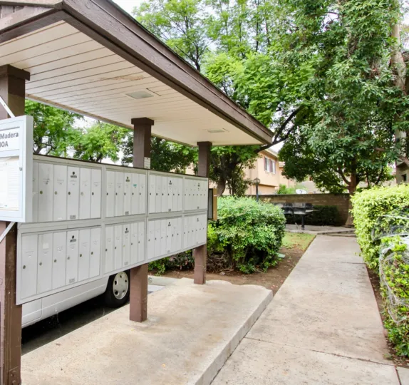 A sunny day in the Villa Madera area, mailboxes, trees