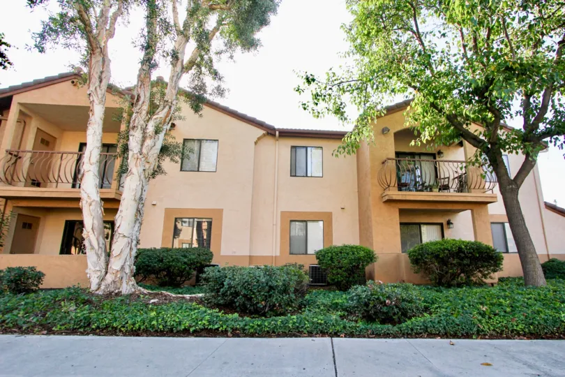 The front of the Villa Montevina community on an overcast day in El Cajon, California.