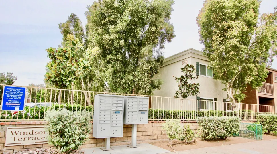 Green trees and mailboxes at Windsor Terrace in El Cajon.