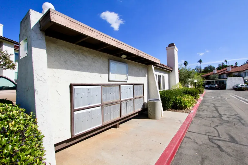 Attached locked mailboxes for apartments at Adobe Hills in Escondido, California.