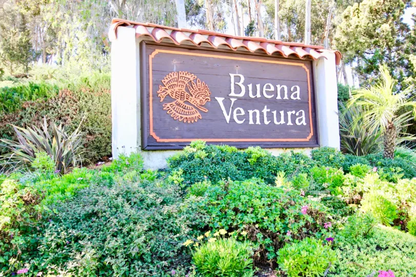 Sign for Buena Ventura surrounded by shrubbery located in Escondido, California