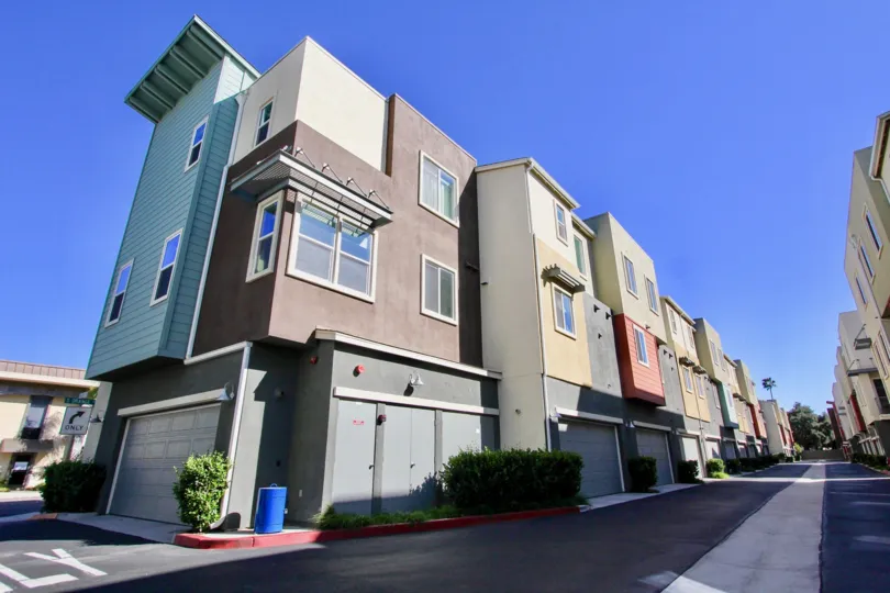 Three story residential building with attached garages at City Square in Escondido California