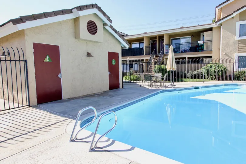 Swimming pool with restrooms at Heritage at Canyon Point in Escondido California