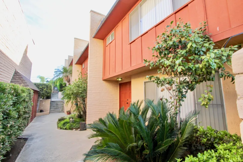 Walkway between residential buildings at Monte Cristo Villas in Escondido California