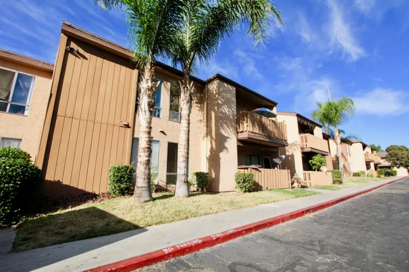 A street with palms and two-story houses in Rock Springs West community