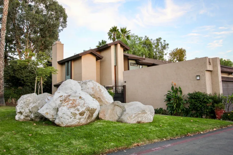 Skylark Terrace in Escondido California with a modern architecture and outdoor rock sculpture