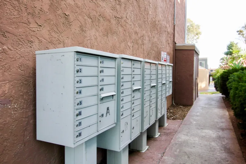 Mailboxes at villa la paz in escondido california, back alleyway