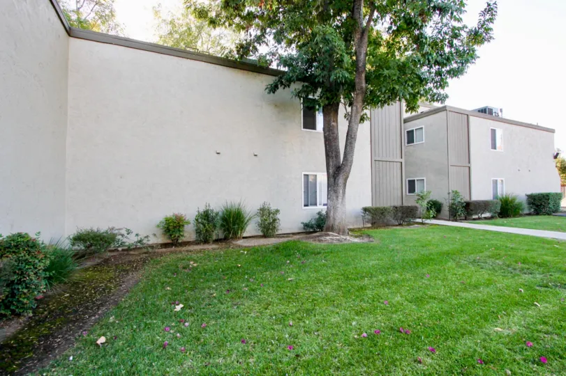 Back side of Estates a wight color building in the White Oak with lawn and food path
