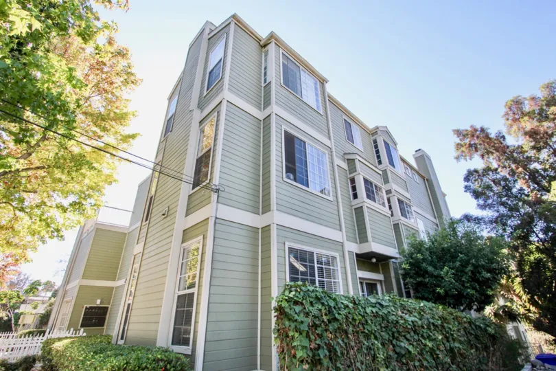 A sunny day in the area of Arbor Village, outside, high rise, condos, windows, trees, wires