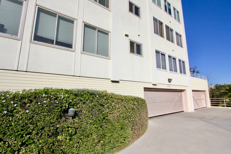 A sunny day in the area of Bridge Towers, outside, highrise, condo, tree, garage