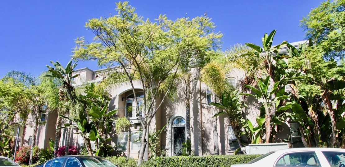 A sunny day in the Bristol Square with residential apartment and trees.