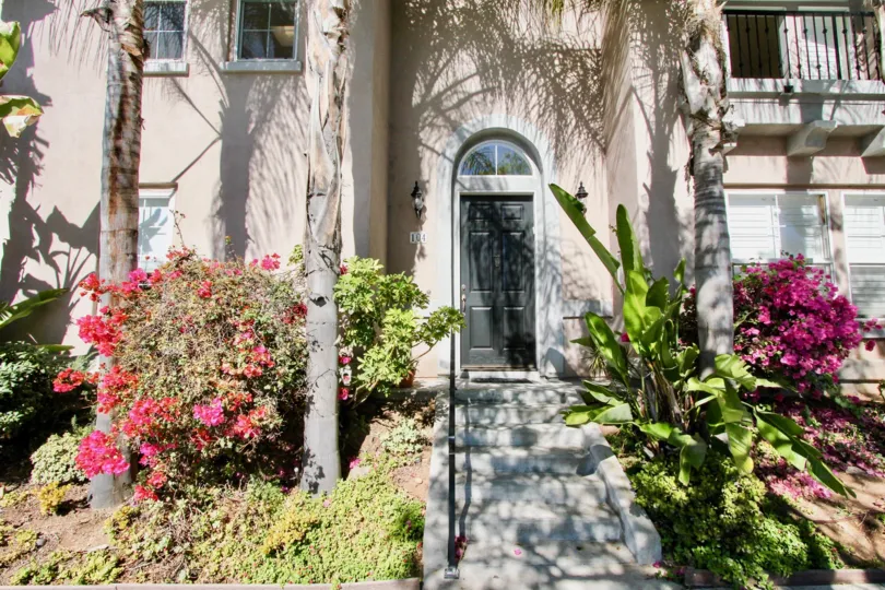 Colourful flower garden in front view of a house in Bristol Square of Hillcrest area