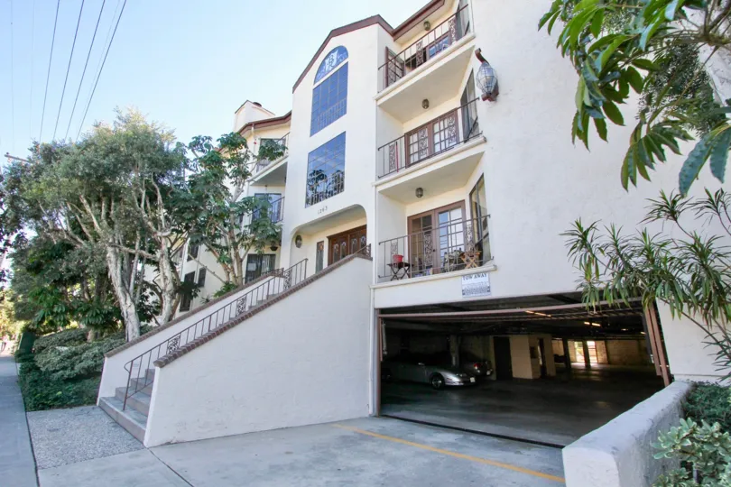 The Burgundy House with wide steps in the front entrance and tall trees around