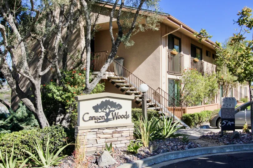 Entrance and sign for Canyon Woods in Hillcrest California