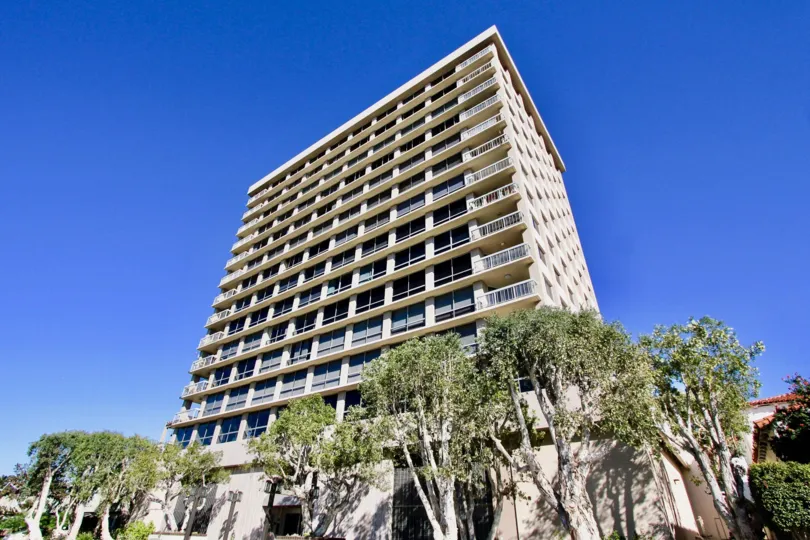 A SUNNY DAY IN THE CENTURY PLAZA TOWERS BUILDING WITH SOME TREES AND PLANTS