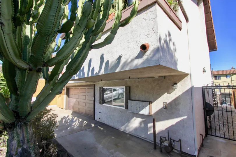 In Hillcrest, California at the Chateau Center an adobe townhouse soaks up sun next to a candelabra tree.